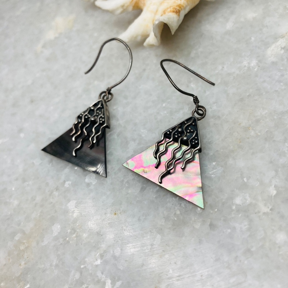 Vintage Sterling Silver 925 Abalone Shell Earrings Modern Abstract Triangles 1”